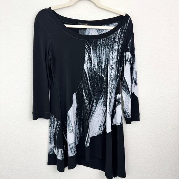 Eva Varro Womens Tunic Top Blouse Size M Artsy Abstract Stretch Office Black - Picture 1 of 4
